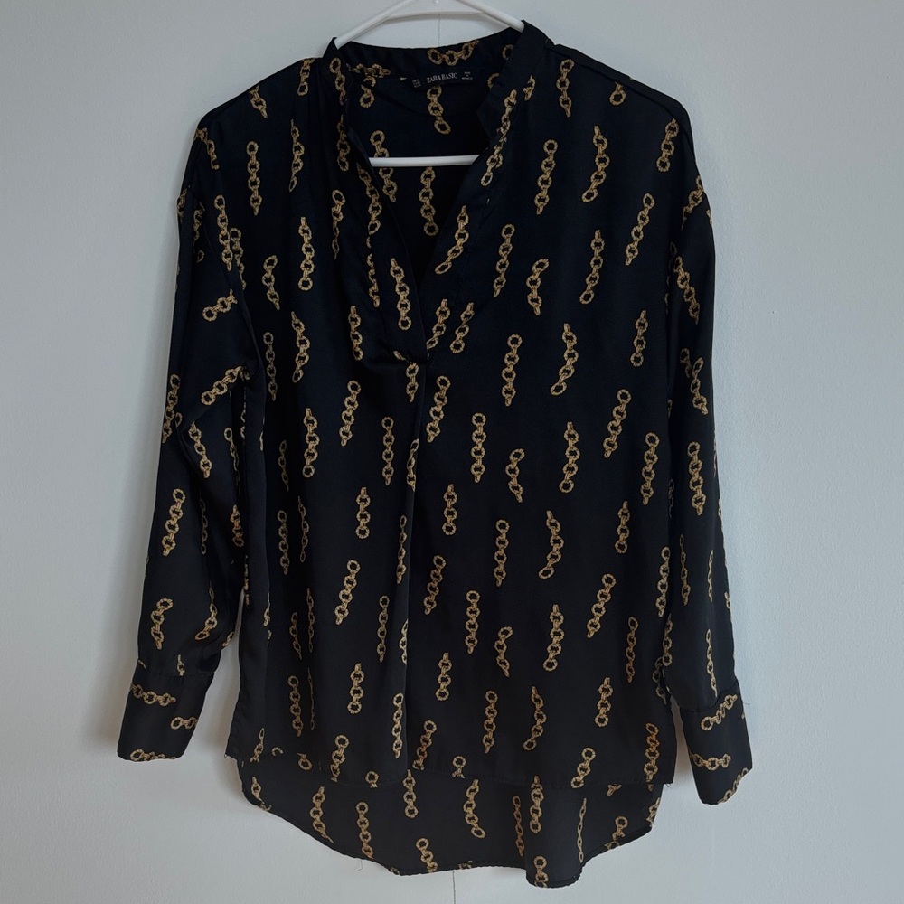 Zara Black Blouse with Gold Chain Pattern